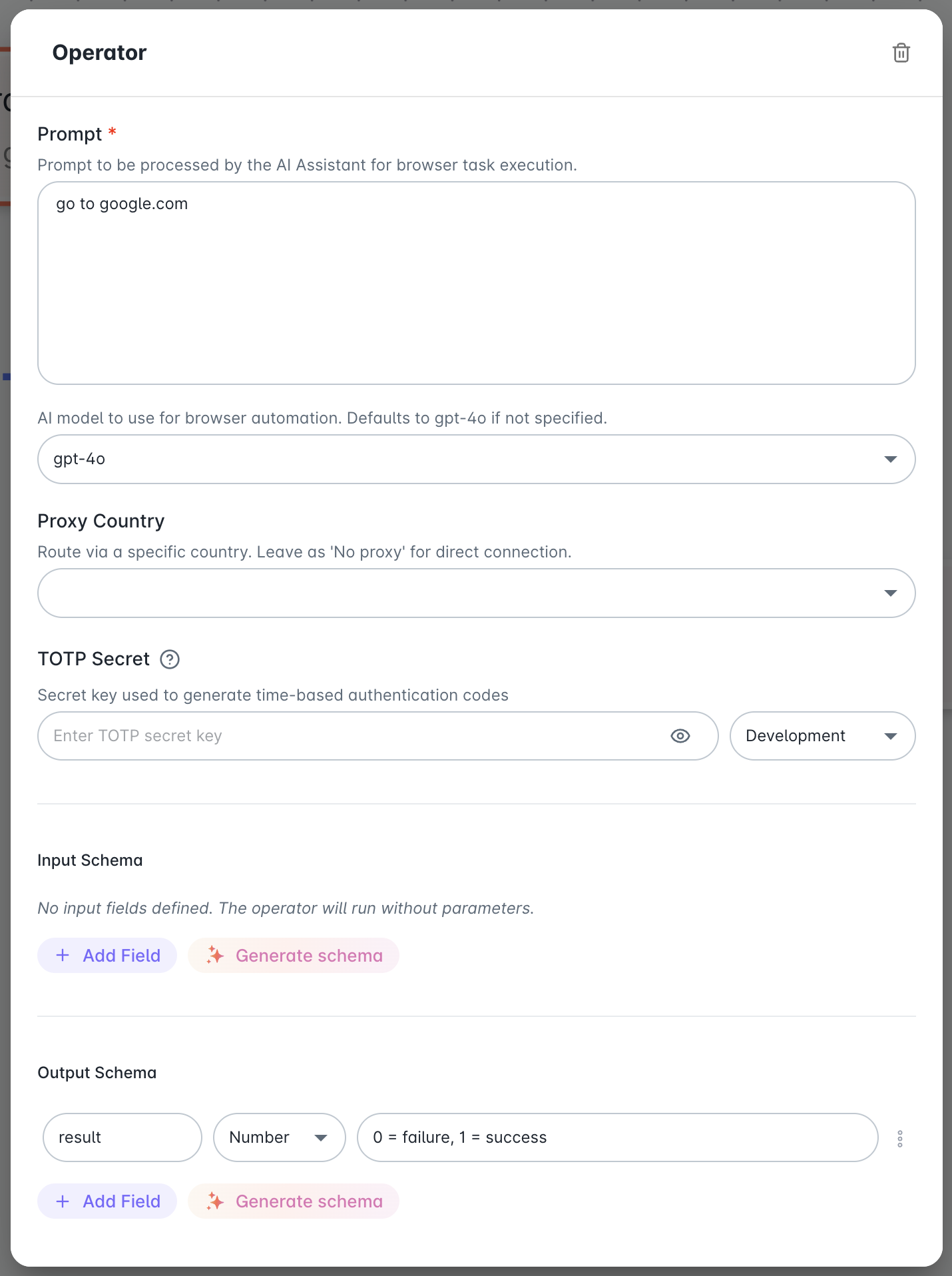 Operator setup with output schema